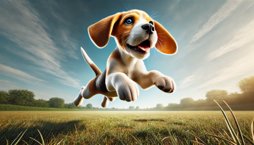 Joyful Beagle Puppy Leaping Over a Sunny Field