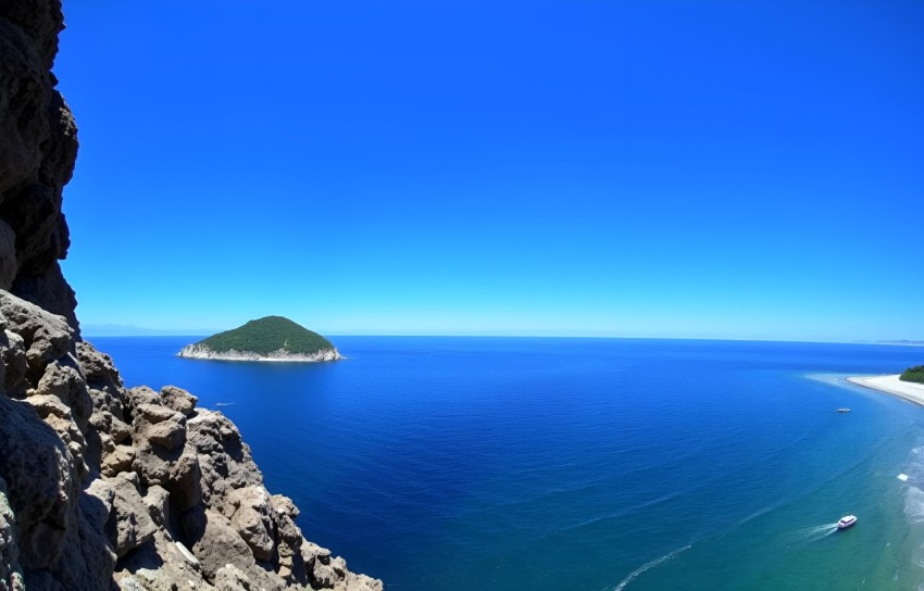 Serenity by the Sea: Coastal Landscape with Rocky Cliffs and Green Island