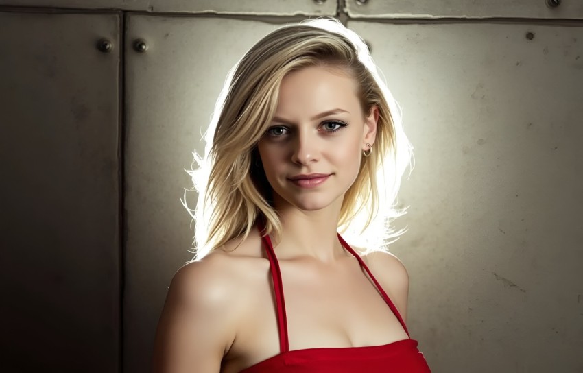 Sensual Portrait of a Young Woman in a Red Halter Dress