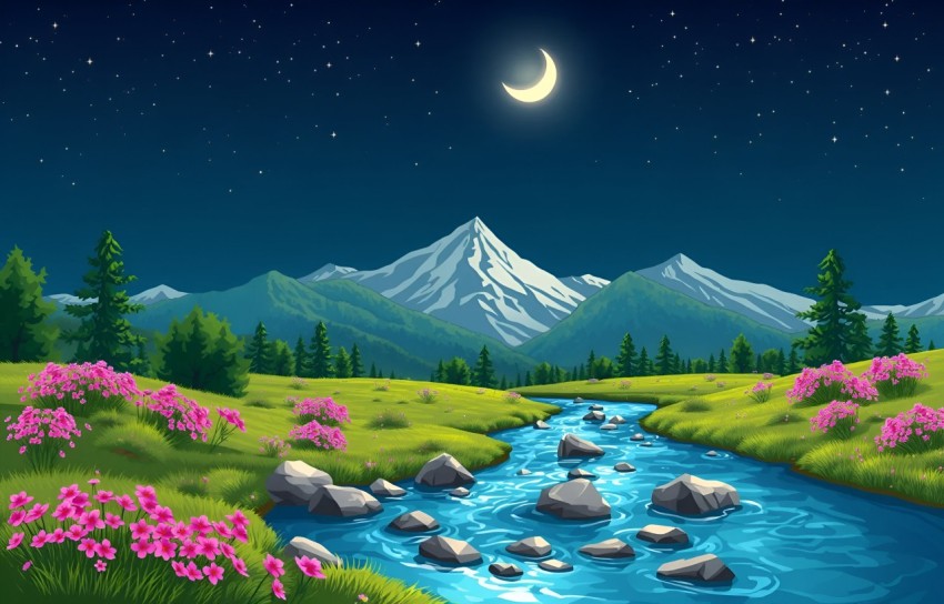 Starry Night Over a Serene Mountain Landscape