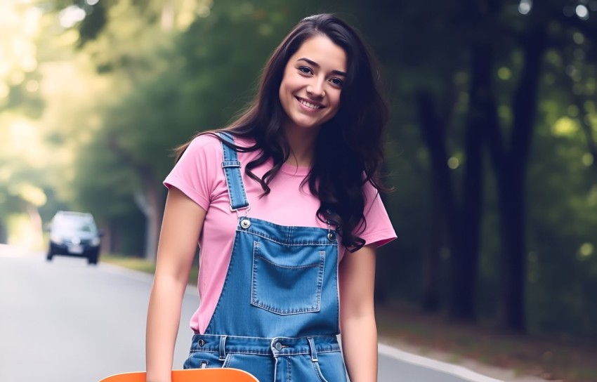 Happy Portrait of a Young Woman with Skateboard in a Wooded Area