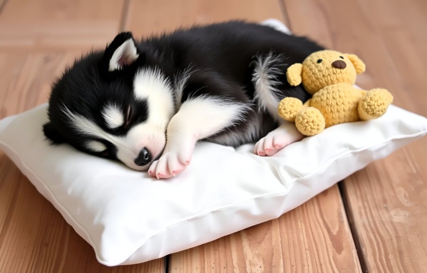 Peaceful Husky Puppy sleeping on a Pillow