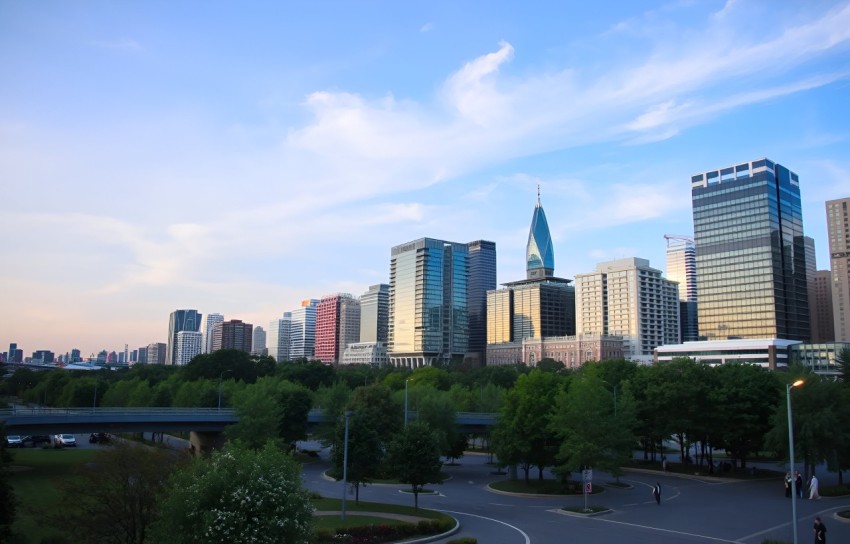 Panoramic City Sunset with Tall Skyscraper and Greenery