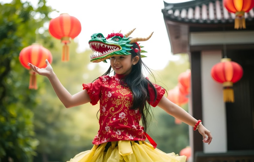 Young Girl in Traditional Chinese Costume Dancing with Dragon Headdress