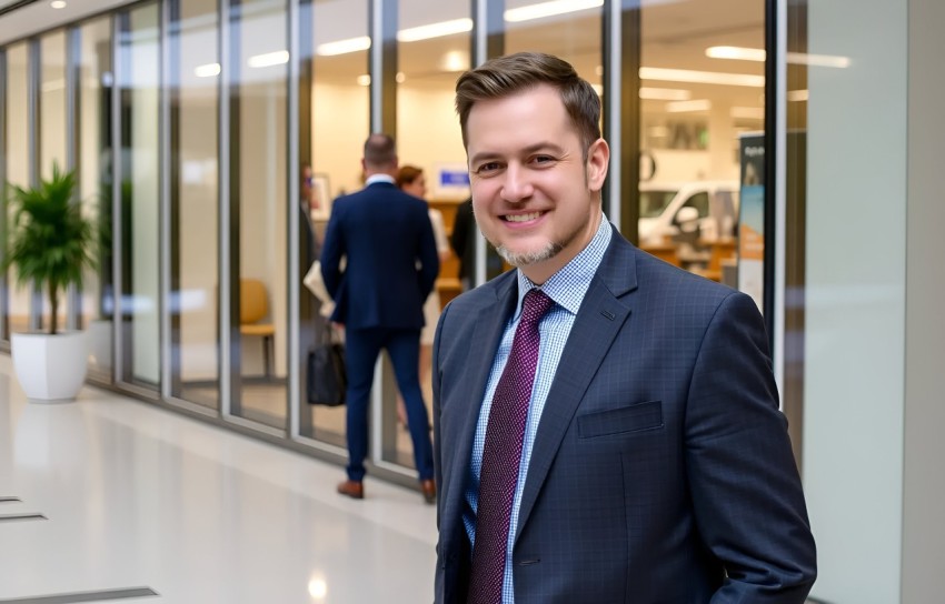 Professional and Confident Young Man in Modern Office Lobby