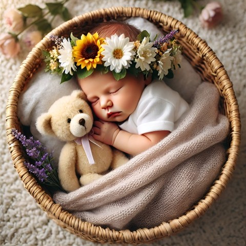 Newborn Baby Sleeping in a Flower-Crowned Basket