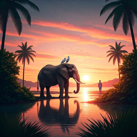 Peaceful Tropical Sunset with Elephant and Birds